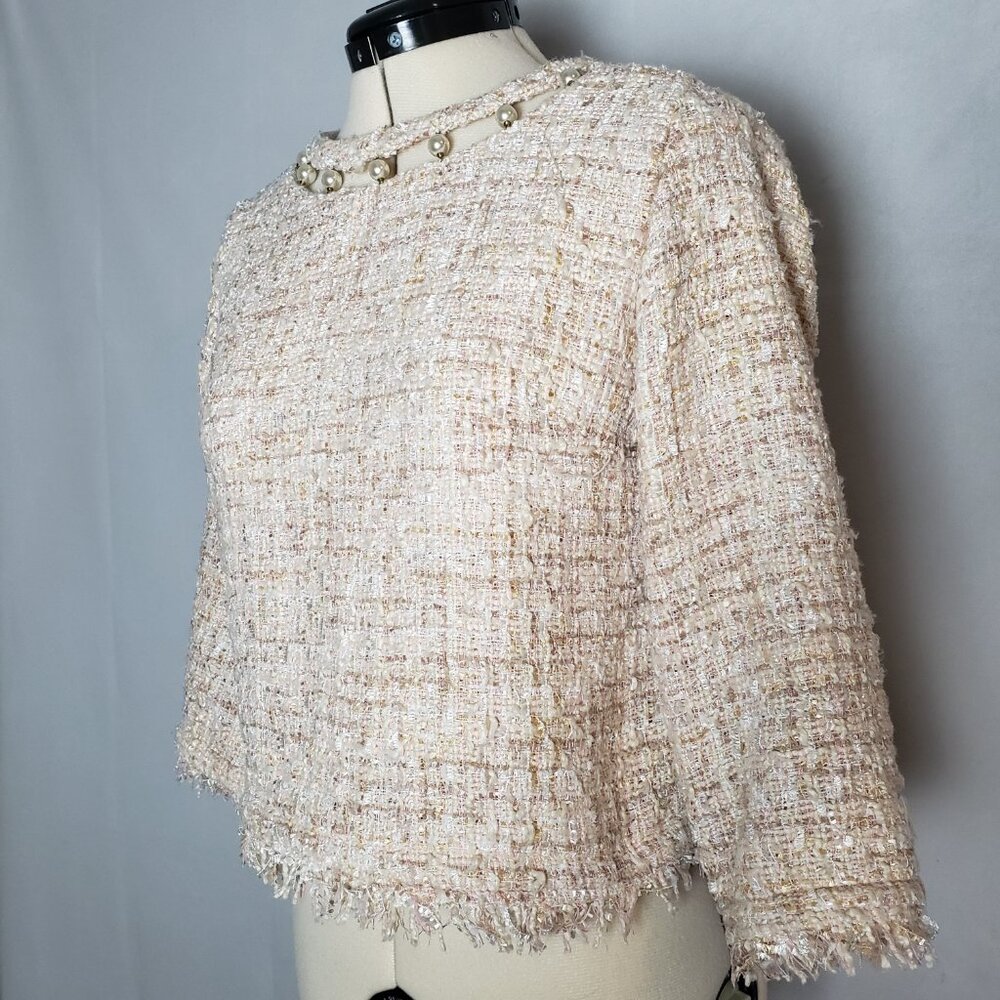 ZARA Basic Cream Tweed Crop Pullover Sweater Embe… - image 4